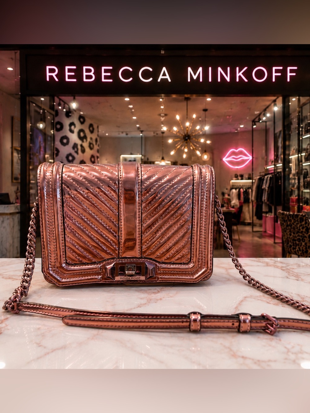 Rebecca Minkoff Chevron Quilted Love Crossbody Metallic Rose Gold Finish GUC